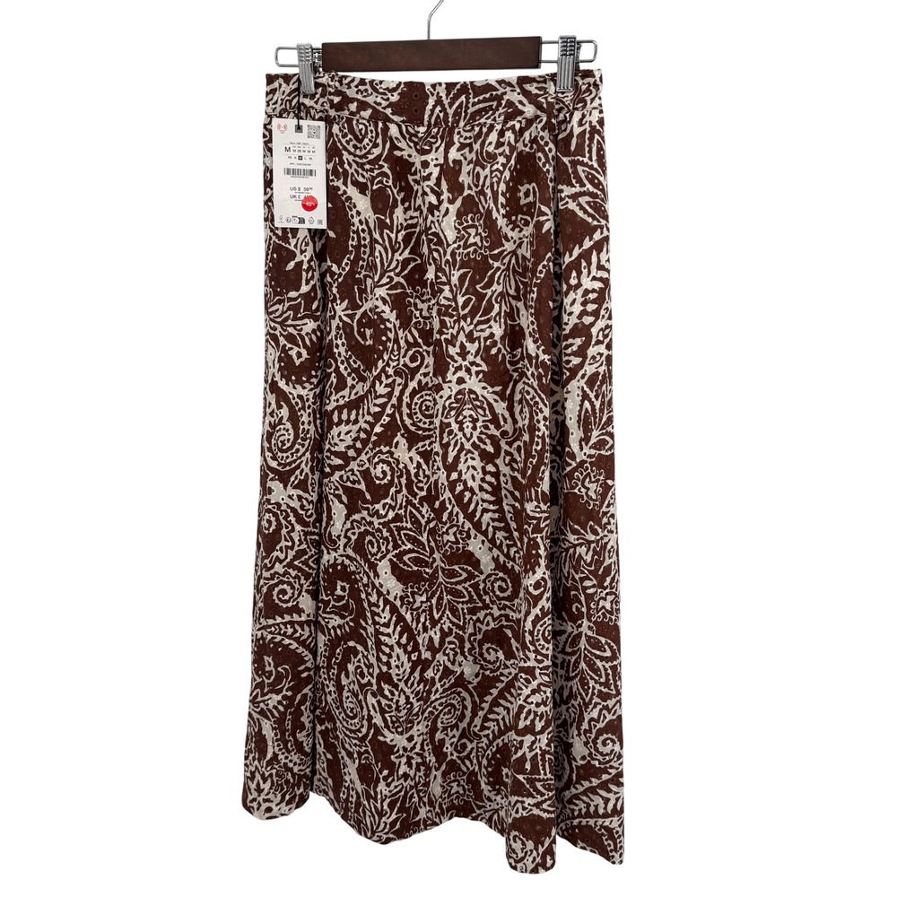 NWT ZARA Women's Size M Skirt Brown White‎ Paisley Eyelet Long Maxi Boho Chic